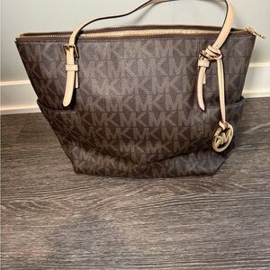 Michael Kors Brown MK Logo Tote with Light Tan Straps and Gold Charm